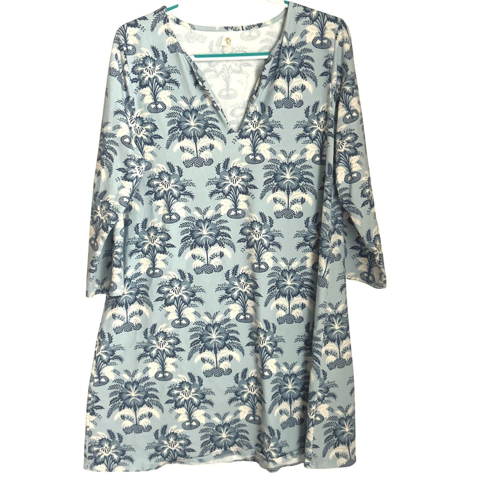 Spartina 449 Womens XL Knit Shift Dress Blue Palm Print 3/4 Sleeve V-Neck
